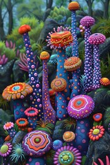 A group of colorful mushrooms are growing on a rock, AI