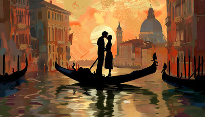Clipart of a couple sharing a kiss on a gondola in Venicear74v60 Generative AI - obrazy, fototapety, plakaty