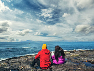 Father and teenager daughter on a trip by the ocean. Parent and child activity. Divorced family kid...