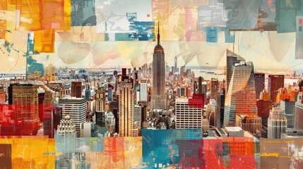 an Collage Painting artwork of a Manhatten skyline, Geometric Square Collage Painting artwork