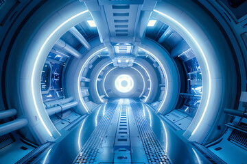 Fototapeta premium Glowing Futuristic Spaceship Interior Bathed in Radiant Blue and White Lighting .