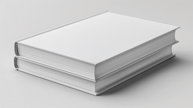 Mockup, two white closed mock-up hardcover books displayed isolated on a white backdrop, focusing on their spines and covers, in a classical bookbinding style