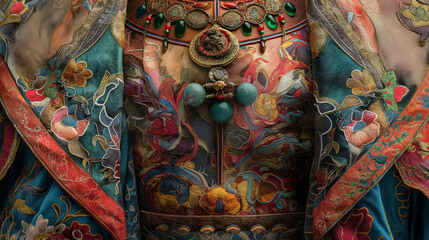 An artistic collage presenting a close-up view of a Vidra adorned in colorful Chinese garments, with each quadrant highlighting unique details such as intricate embroidery, ornate