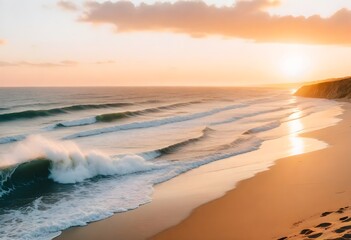 Obraz premium Dramatic Ocean Waves Crashing on Sandy Beach at Sunset with Vibrant Orange Sky