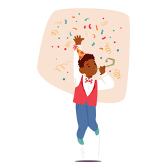 Young Boy Joyfully Celebrates His Birthday, Blowing Out The Pipe amidst Cascading Confetti, Cartoon Vector Illustration