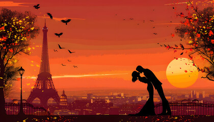Clipart of a couple sharing a kiss atop the Eiffel Tower at sunsetar74v60 Generative AI - obrazy, fototapety, plakaty