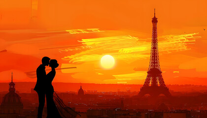 Clipart of a couple sharing a kiss atop the Eiffel Tower at sunsetar74v60 Generative AI