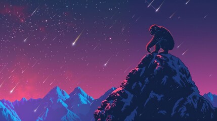 Stylized image of king kong observing the starry sky on a mountain peak in neon colors - obrazy, fototapety, plakaty