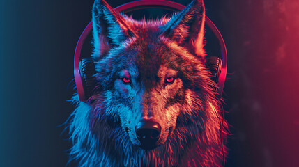 Fierce and Fashionable: A Majestic Wolf Wearing Headphones With Stylish Flair - obrazy, fototapety, plakaty