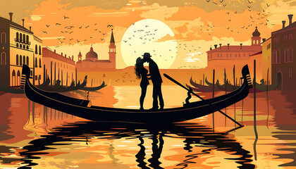Clipart of a couple kissing on a gondola in Venicear74v60 Generative AI - obrazy, fototapety, plakaty
