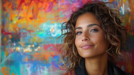 Portrait of a beautiful young Israeli woman with curly hair, against a graffiti wall