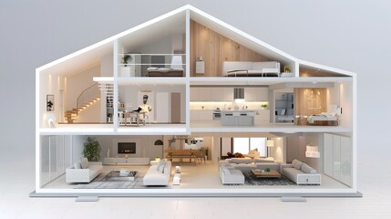 3D rendering of a cut house with furniture
