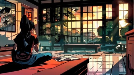 a beautiful  room at sunset anime cartoonish . cozy lofi asian architecture, aesthetic wallpaper for mobile phone, pink, green and purple pastel colors, window, table. anime. Illustrations 