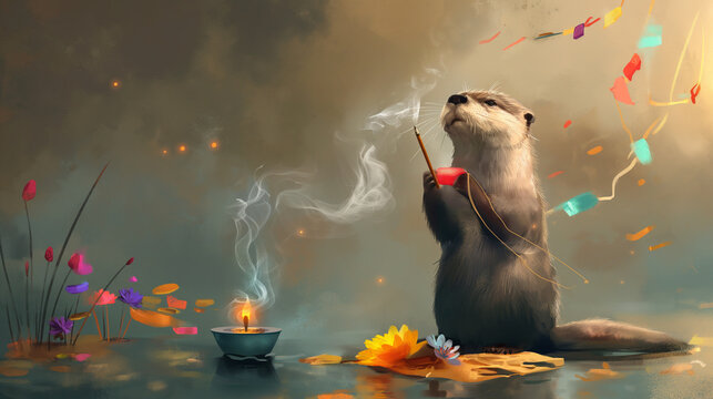 An endearing depiction of a cute otter performing a Buddhist ritual, with delicate incense smoke rising around it and colorful prayer flags fluttering in the breeze, as it offers p