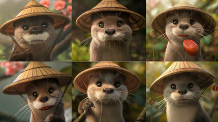 A dynamic montage showcasing a cute otter in various poses and activities while wearing a Chinese hat, with each quadrant depicting the creature exploring its surroundings, playing