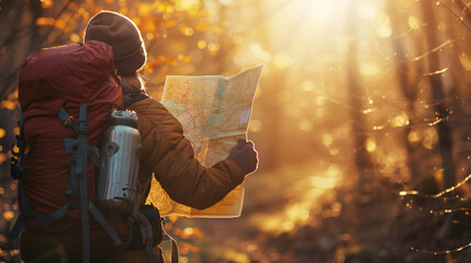 Adventurous Wanderer with a Large Backpack Holds Map in Hand, Seeking the Path