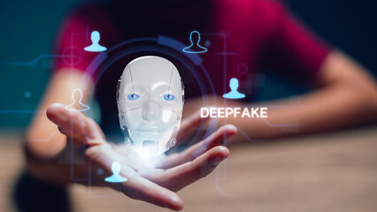 Deepfake concept matching facial movements. Face swapping or impersonation. - obrazy, fototapety, plakaty