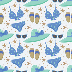 Products for the beach and recreation.  A swimsuit, a hat with a brim, sunglasses, flip-flops, starfish and sand. Seamless vector drawing on summer and marine themes.