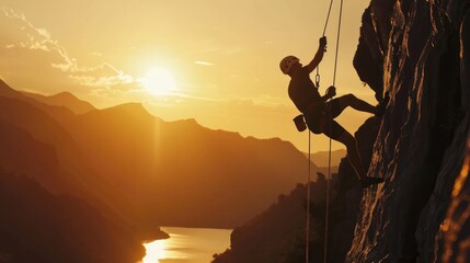 Silhouette of brave heroic man trying to climb with rope in mountain valley at sunset