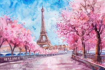 Watercolor painting of cherry blossom in Paris with Eiffel Tower on background