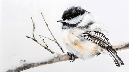 Close-up of chickadee perching on white background 