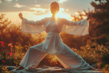 A person practicing Tai Chi movements, focusing on mindfulness, balance, and relaxation. Concept of...