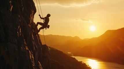 Silhouette of brave heroic man trying to climb with rope in mountain valley at sunset - obrazy, fototapety, plakaty