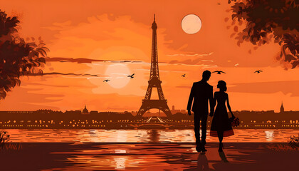 Clipart of a couple holding hands under the Eiffel Tower at sunsetar74v60 Generative AI - obrazy, fototapety, plakaty