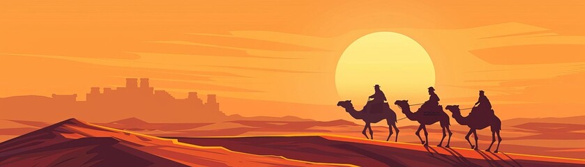 Travelers on camels near ancient Silk Road ruins, golden sunset, wide landscape, historical vibe