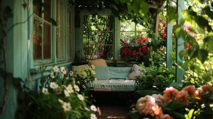 Obraz premium Idyllic Garden Porch with Lush Greenery and Blooming Flowers