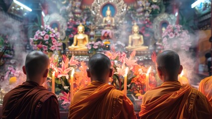 Fototapeta premium Devotees in meditation at temple interior. Worshipers in traditional attire engage in prayer before Buddha. Buddhist monks. Concept of religious observance, peace, mindfulness, cultural heritage