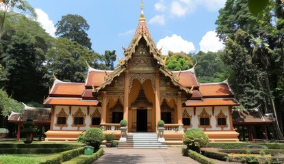 Fototapeta premium Thai Buddhist temple with ornate golden decorations in a lush garden. Concept of Thai culture, religious architecture, and monastic life