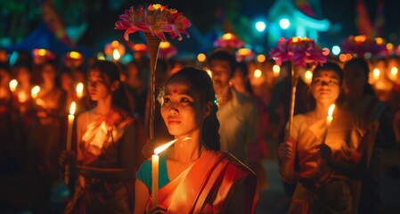 Asian devotees in candlelight procession during Visakha Bucha Day. Participants holding candles and flowers in Buddhist festival. Concept of religious observance, cultural tradition