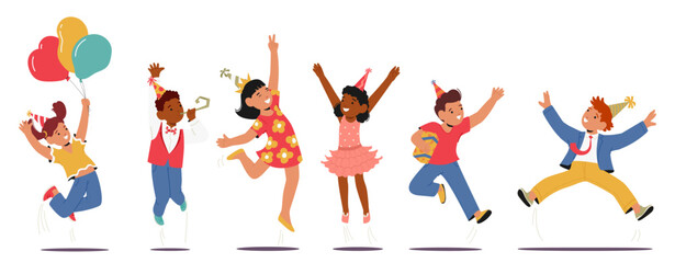 Group Of Children Characters Happily Jumping In The Air, Enjoying Each Others Company At A Birthday Party, Vector