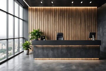  Modern wooden and dark concrete office with panoramic window and city view  reception desk and decorative plant. Lobby concept.