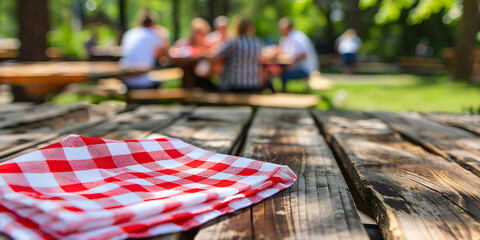 Empty table with red and white checkered napkin, space to place product or advertising, family reunion background in blurred garden