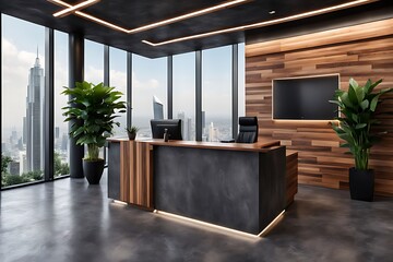  Modern wooden and dark concrete office with panoramic window and city view  reception desk and decorative plant. Lobby concept.