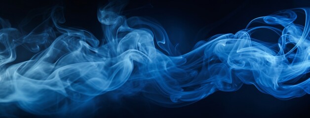 Abstract blue smoke moves on black background. Blue fog on the empty dark scene, studio room with mist