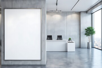  Modern concrete office reception with empty white mock up banner and panoramic window with city view. Workplace concept. 3D Rendering. 