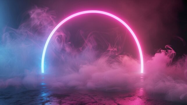 Pink and blue neon arch, round portal, circles frame with swirling smoke on floor, white fog on the floor with black background