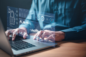 Fototapeta premium chart, innovation, diagram, future, graph, strategy, management, analysis, project, marketing. A man is typing on a laptop with a dashboard. Concept of security and protection.