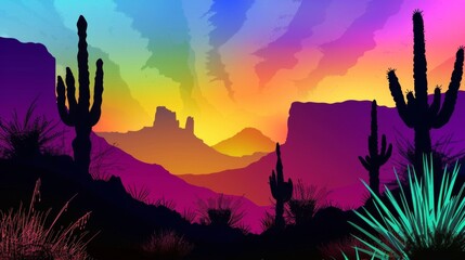 Colorful Desert Sunset Silhouette with Cacti and Mountains