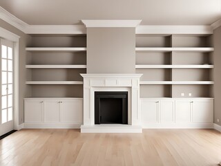 A traditional fireplace with empty shelves and empty walls in an elegant design.