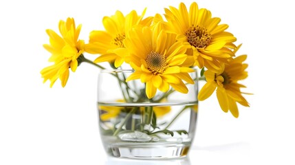 Fresh yellow flowers in glass water Isolated on white background
