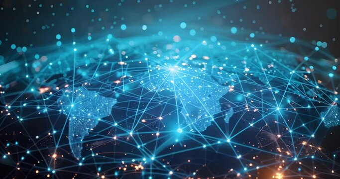 Futuristic background in global network concept with world map and internet connections on blue background, business technology design for digital connectivity or international link