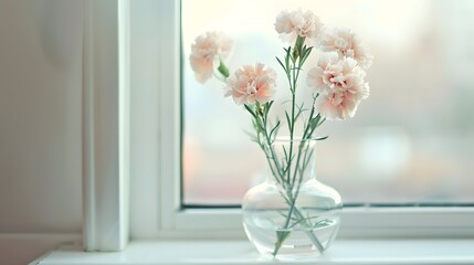 Glass vase decorated with light coloured carnations on the windowsill
