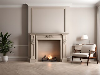 A traditional fireplace with empty shelves and empty walls in an elegant design.
