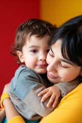 Black haired mum embraces hugs her young boy, Mothers day type article feature image, closeup of parenting themes, love, beautiful closeness, intimacy, portrait. Cute and sweet loving mom.