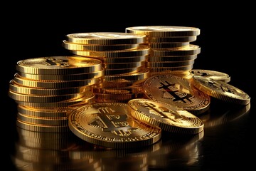 Golden bitcoin and stack of coins on a black background. Concept for business, trading or financial software advertising. 