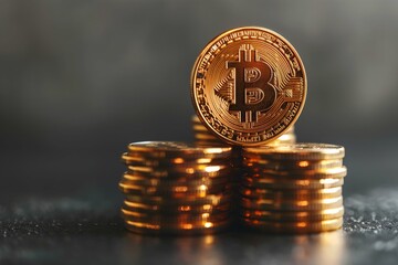 Golden bitcoin and stack of coins on a black background. Concept for business, trading or financial software advertising. 